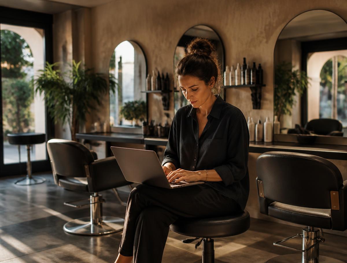 Titolare di un salone che lavora da sola al laptop per pianificare i contenuti