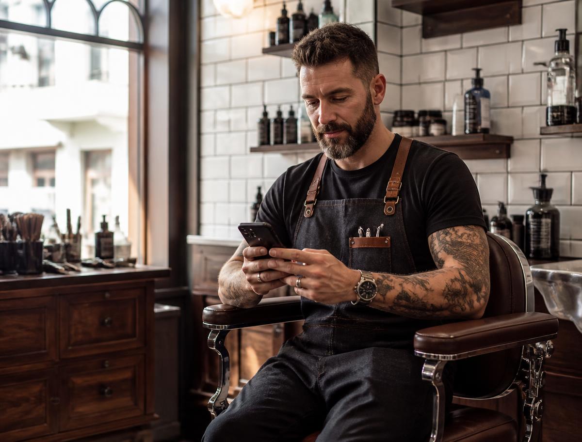 Barbiere in un barber shop contemporaneo che usa lo smartphone tra un cliente e l'altro