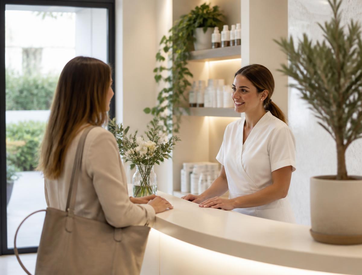 Estetista che accoglie una cliente alla reception di un centro estetico moderno