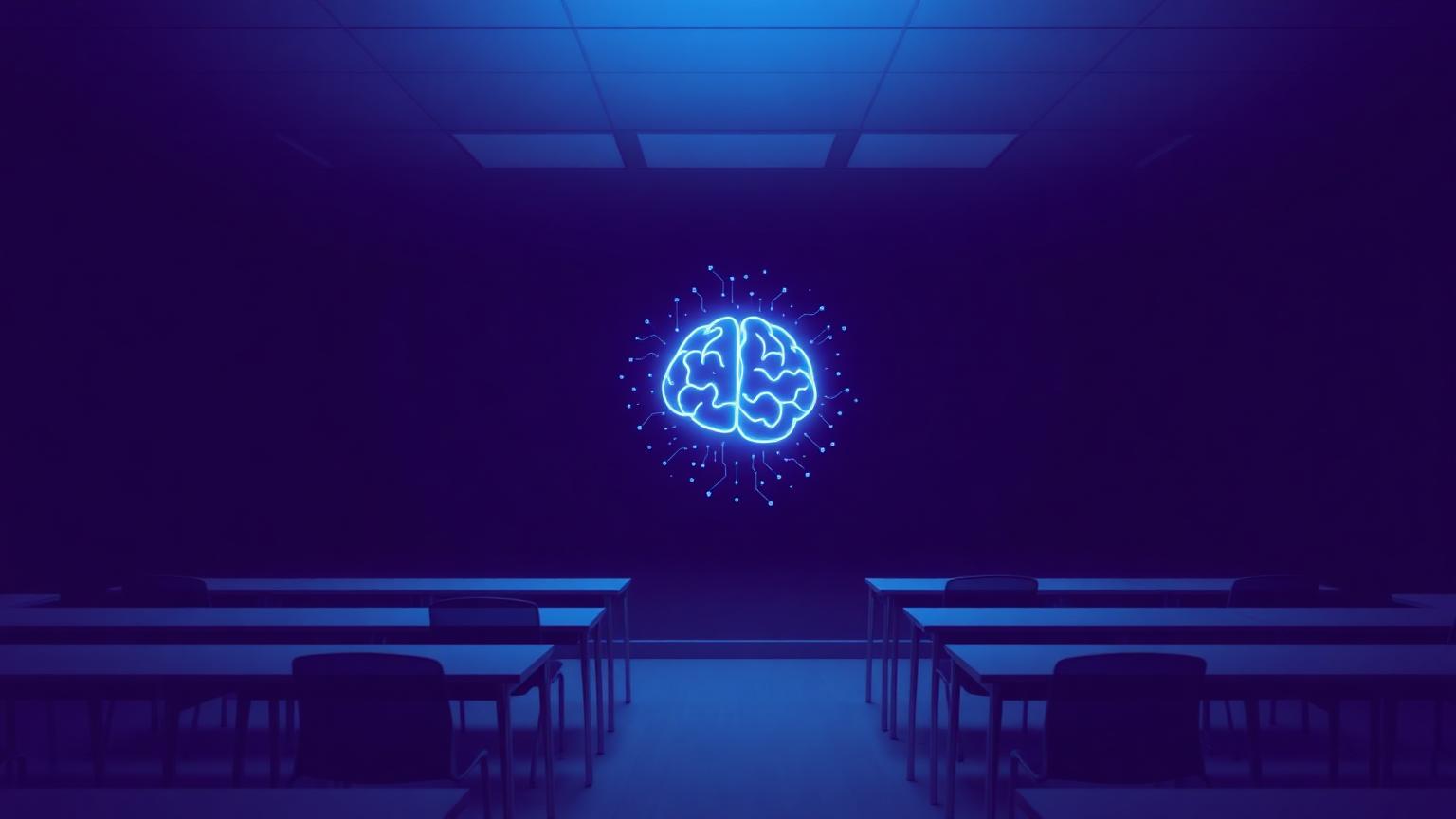 Aula vuota con cervello AI olografico luminoso al centro — corso di intelligenza artificiale per aziende