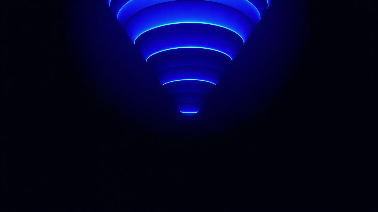 Imbuto a strati luminosi blu su sfondo scuro — struttura di funnel Meta Ads TOFU MOFU BOFU