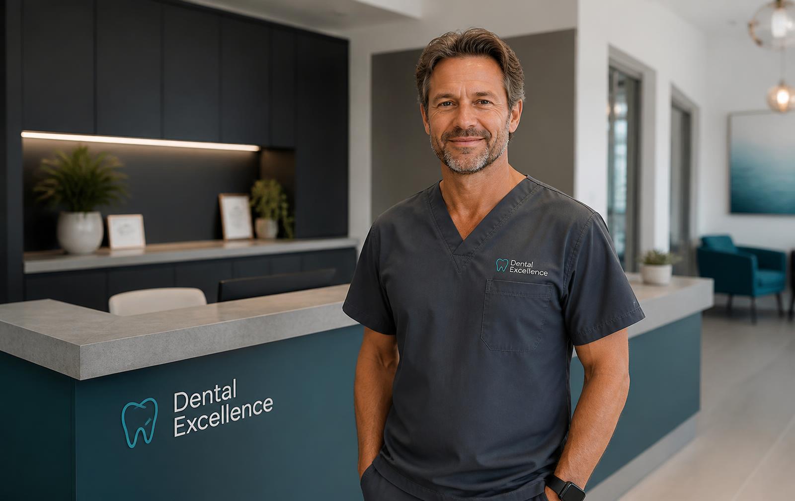Odontoiatra titolare di uno studio dentistico contemporaneo nella reception della propria struttura